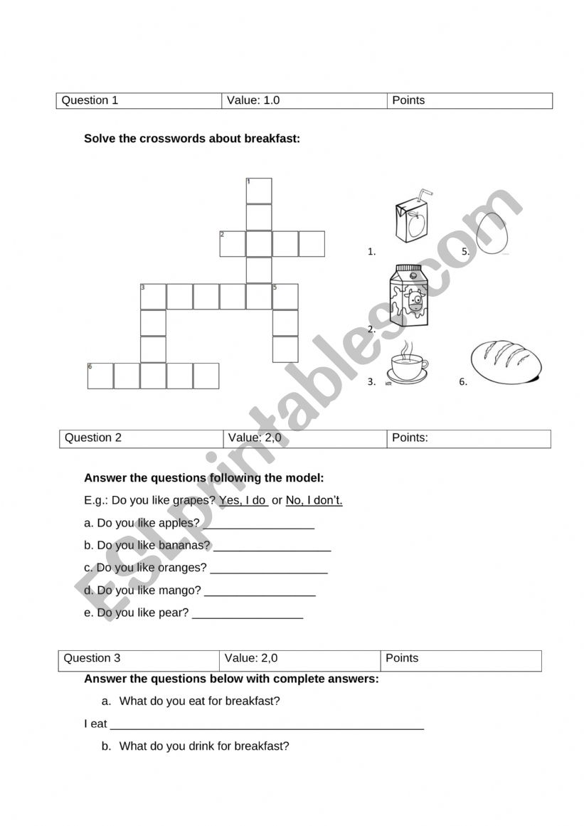 Test: food worksheet