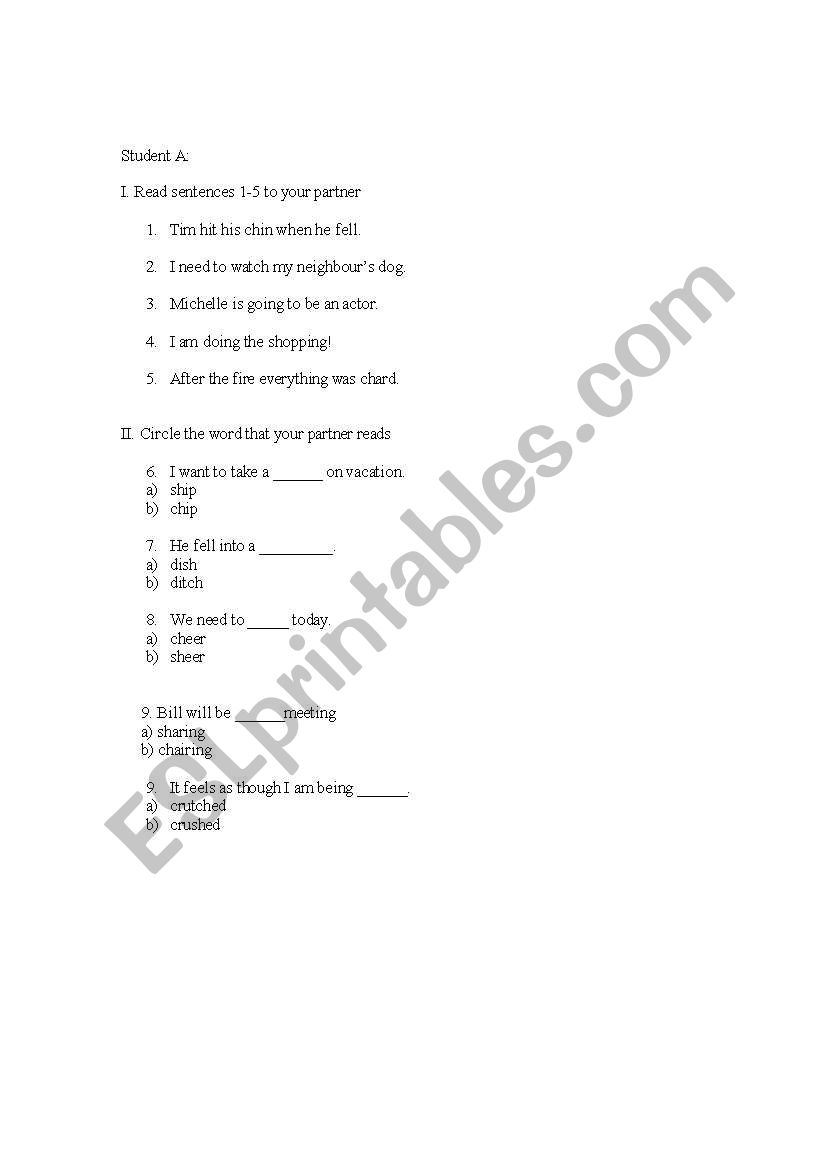 /sh/ and /ch/ pronunciation  worksheet