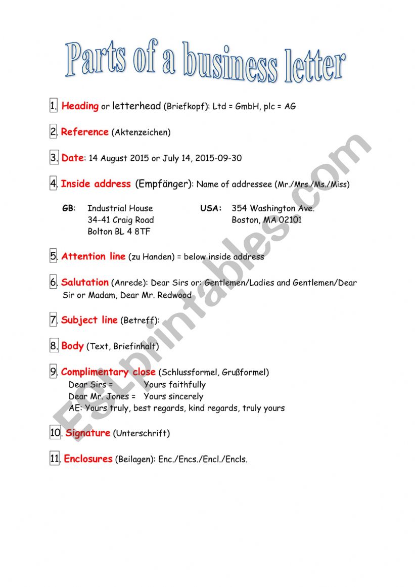 parts of a letter worksheet