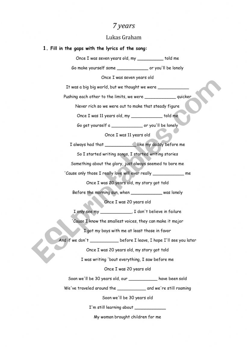 Song 7 years worksheet