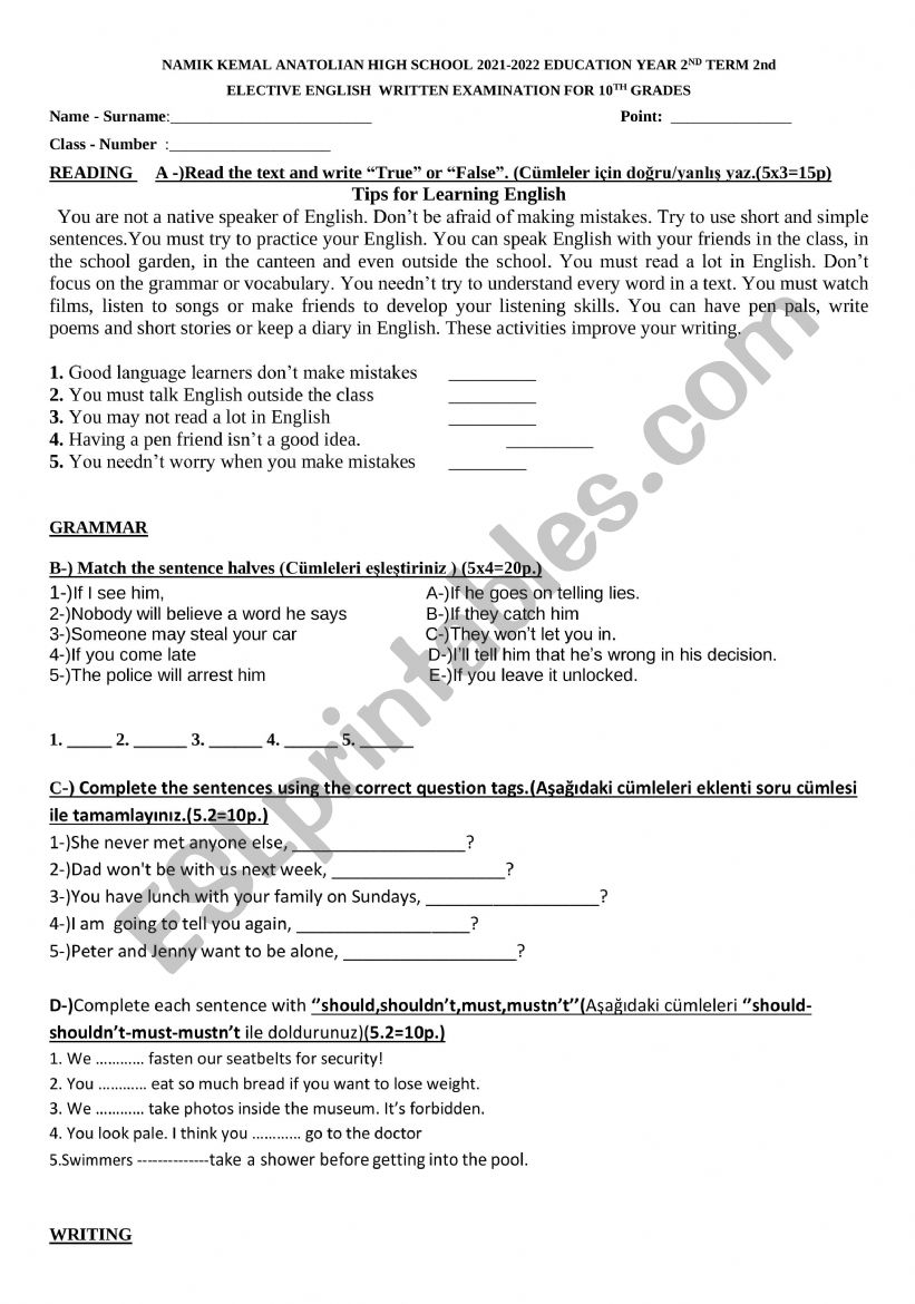 exam worksheet