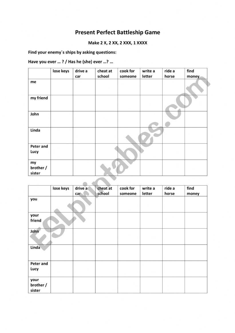 Present Perfect Battleship Game