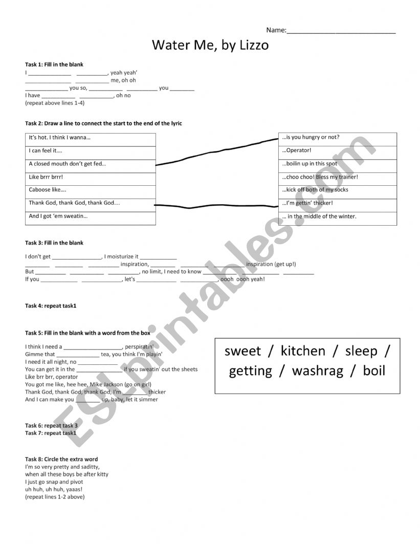 Water Me, by Lizzo worksheet