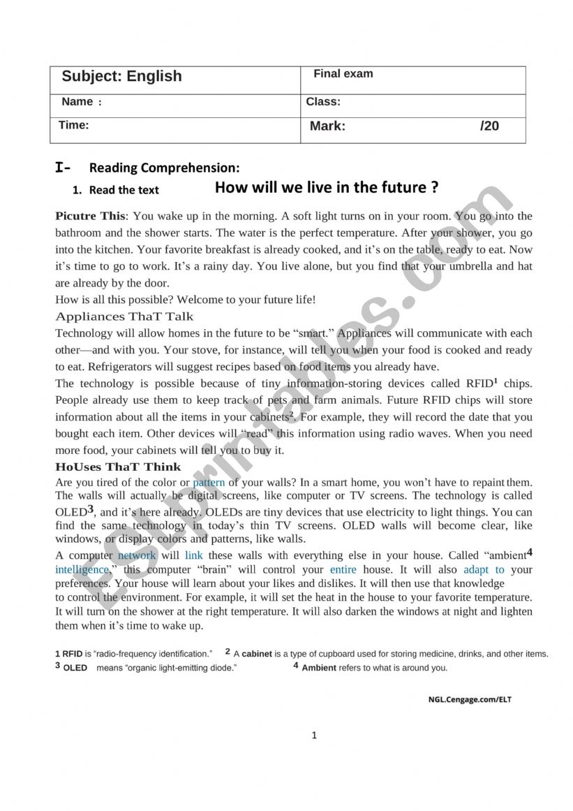 English Exam ( Reading Comprehension/ Language /Writing)