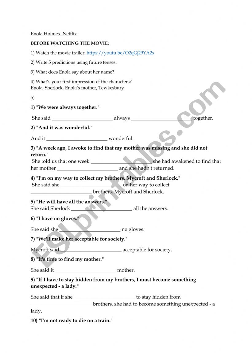 Enola Holmes - movie worksheet
