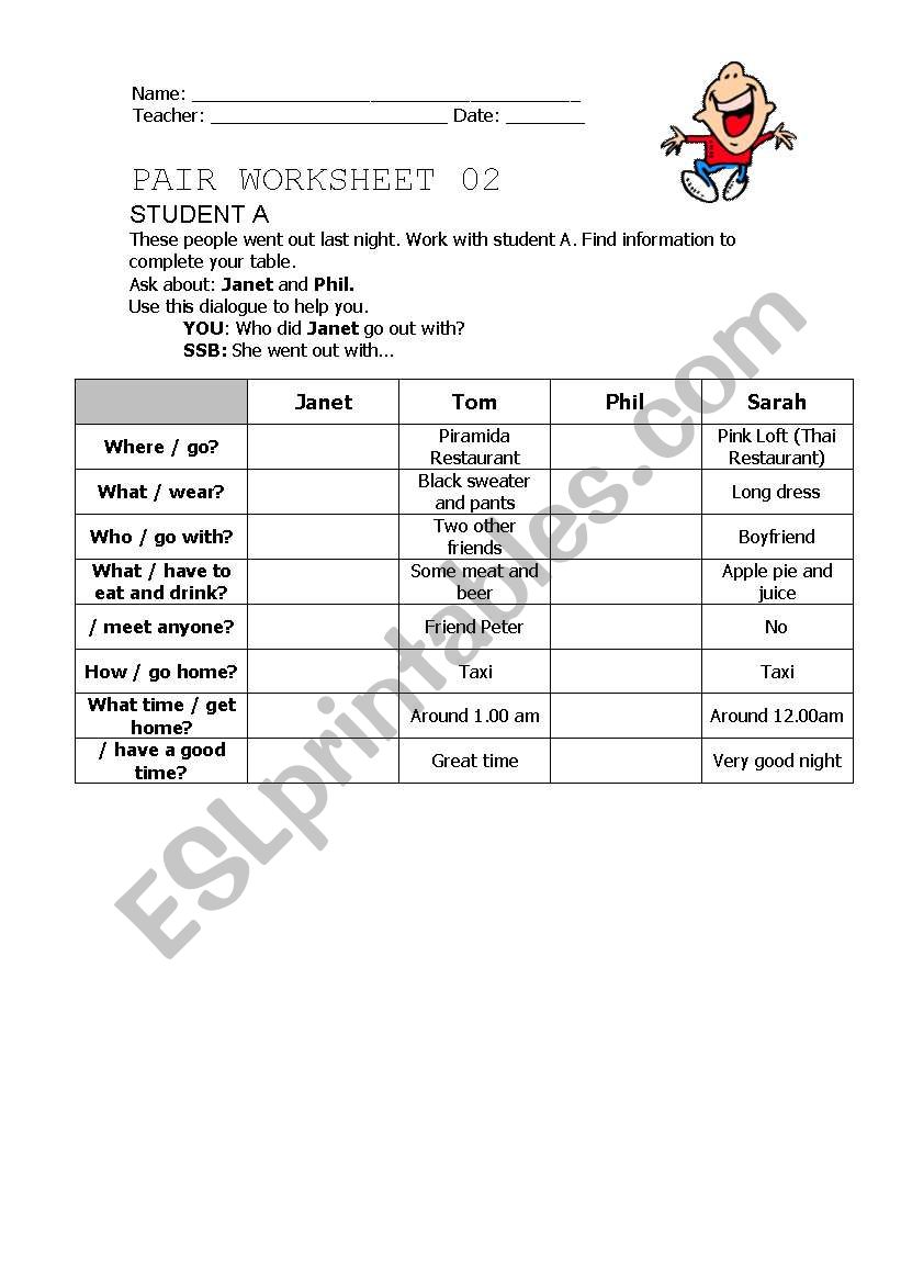 Past Simple - Pair work activity - Student A