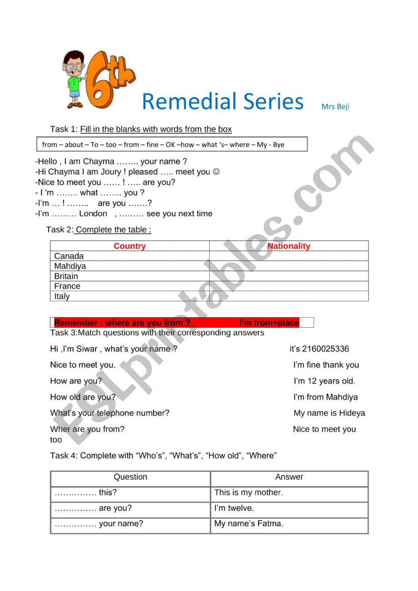 remedial series worksheet
