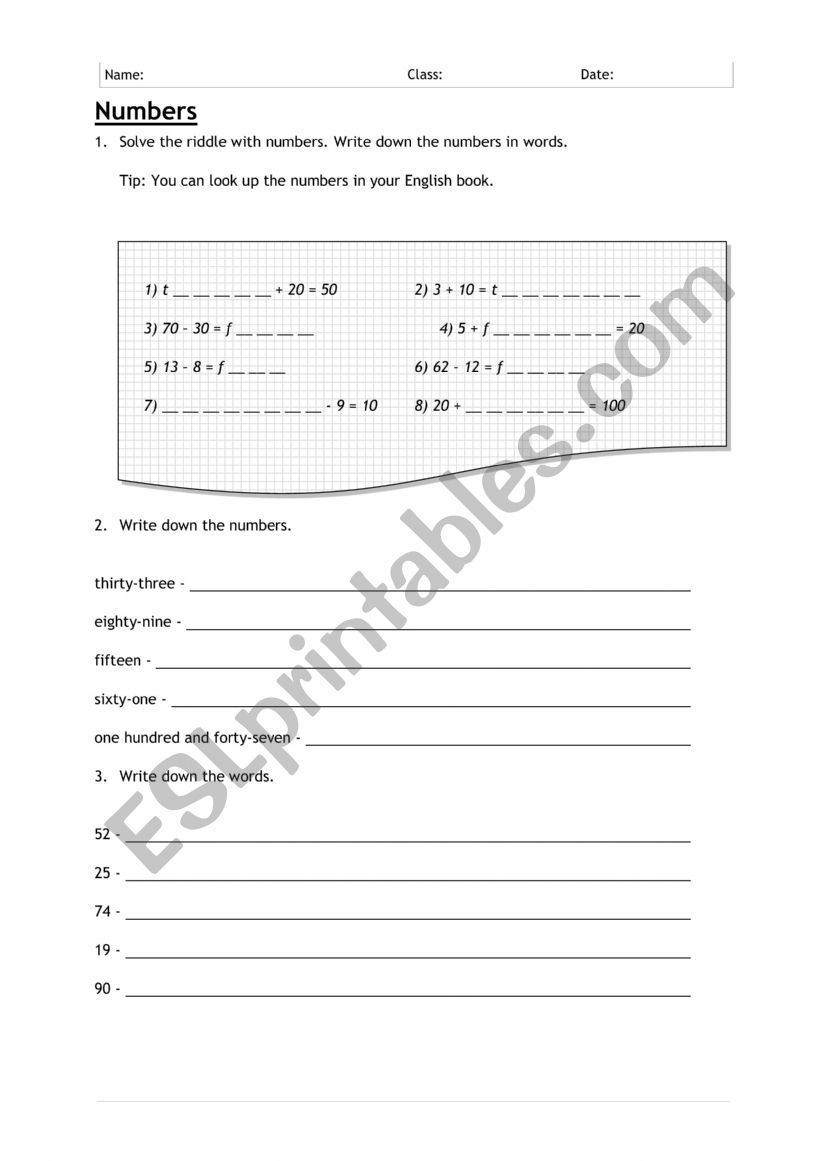 Numbers and words worksheet