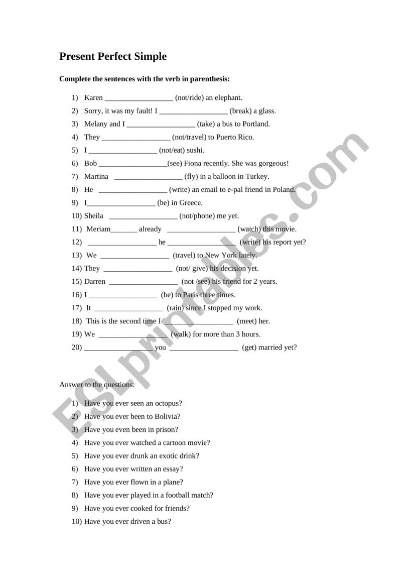 Present Perfect Simple worksheet