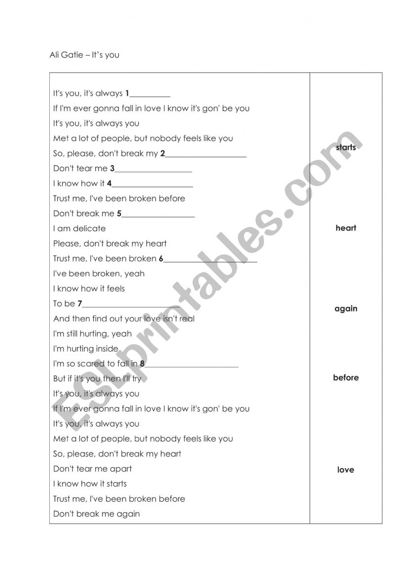 It�s You Ali Gatie worksheet