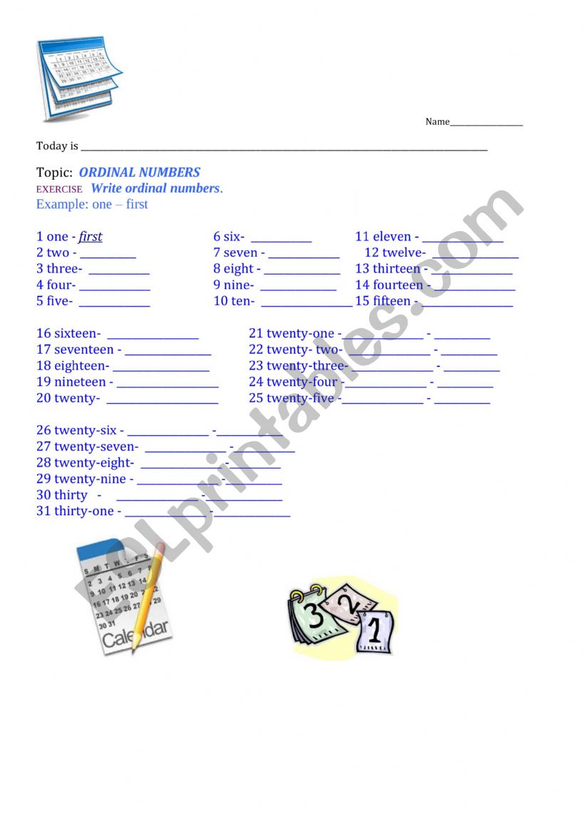 Ordinal Numbers 1st-31st worksheet