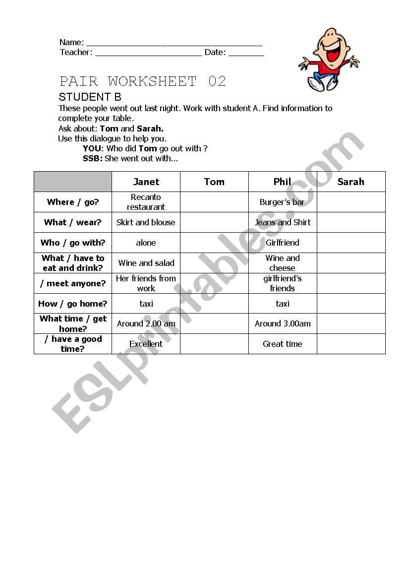 Past Simple - Pair work activity - Student B