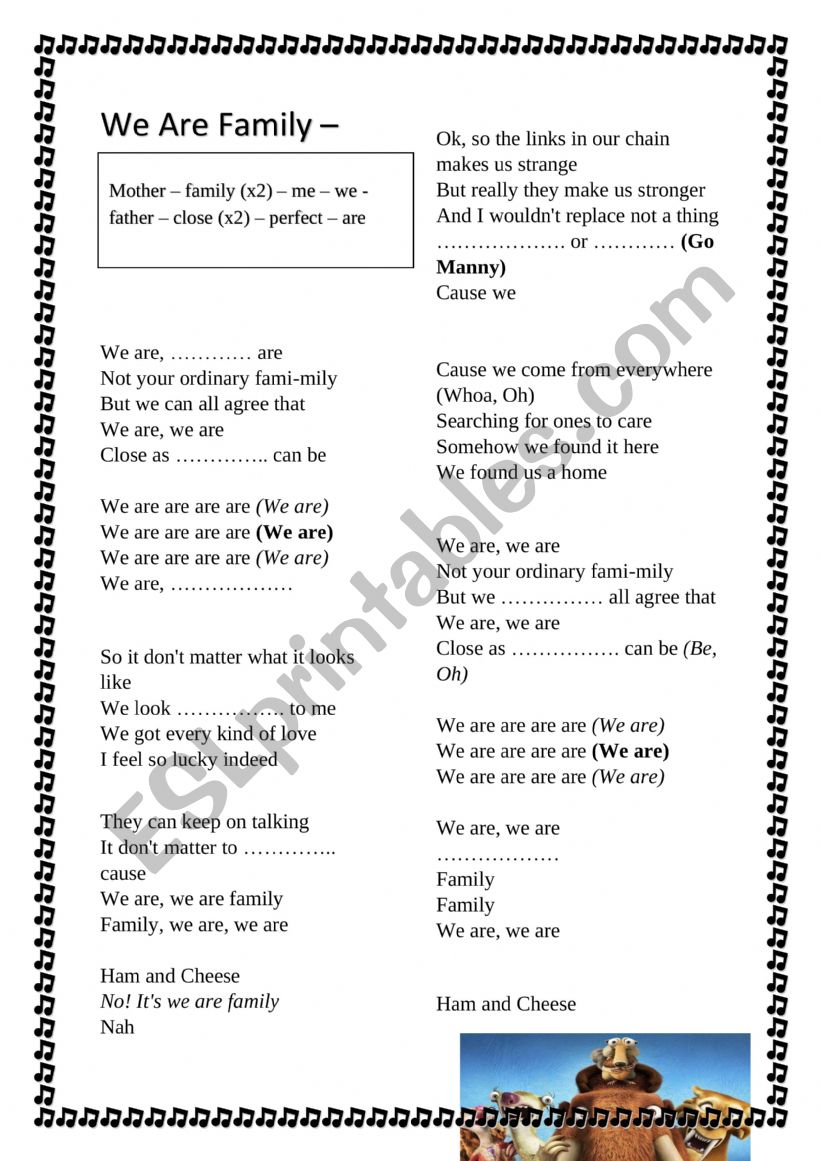 We  are family (Ice Age 4) song worksheet 