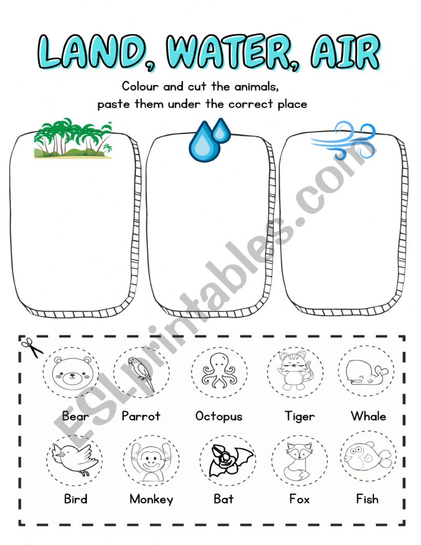 LAND, AIR, WATER ANIMALS worksheet