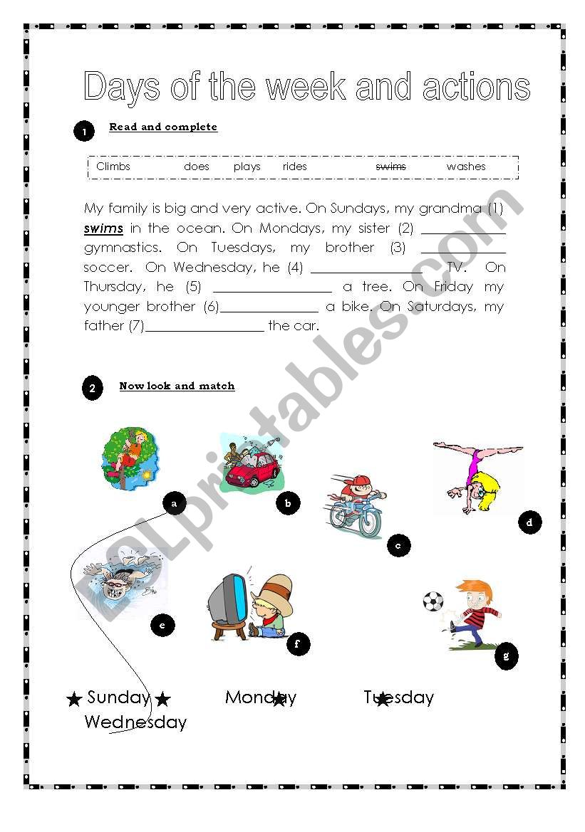 Days of the week and actions worksheet