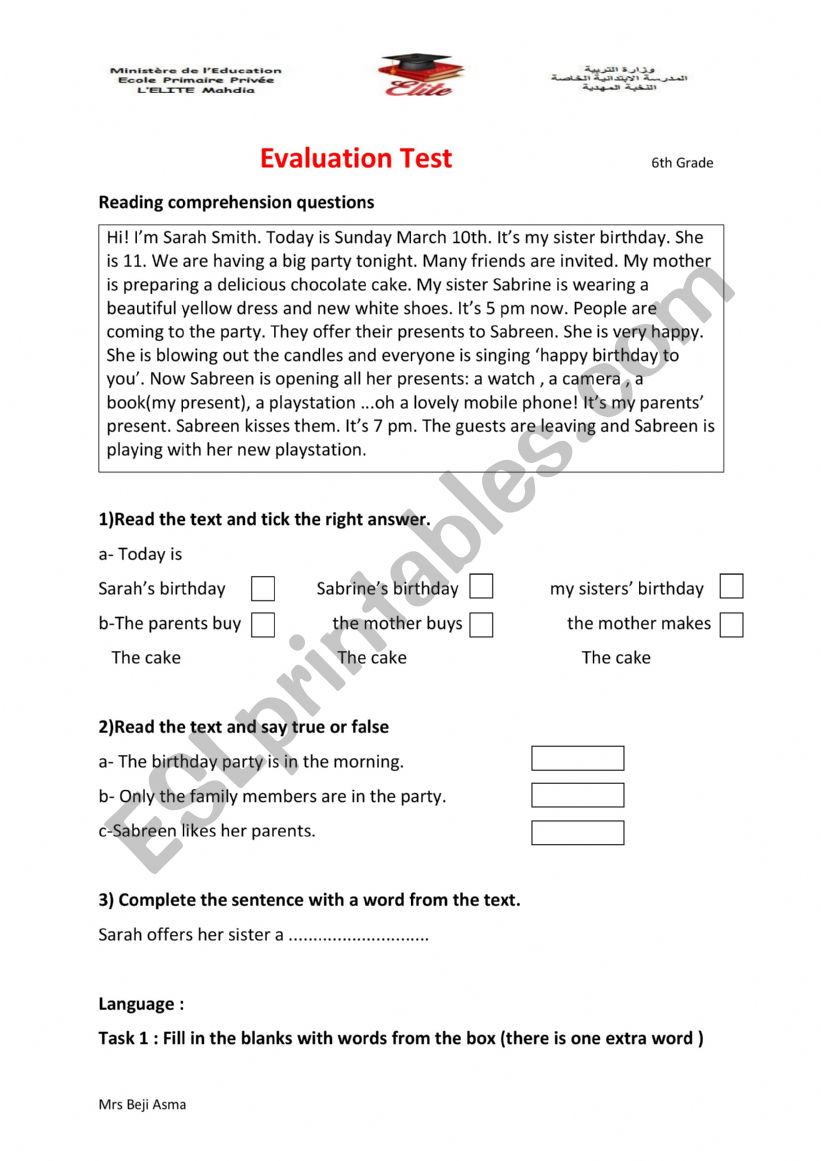 evaluation test  worksheet