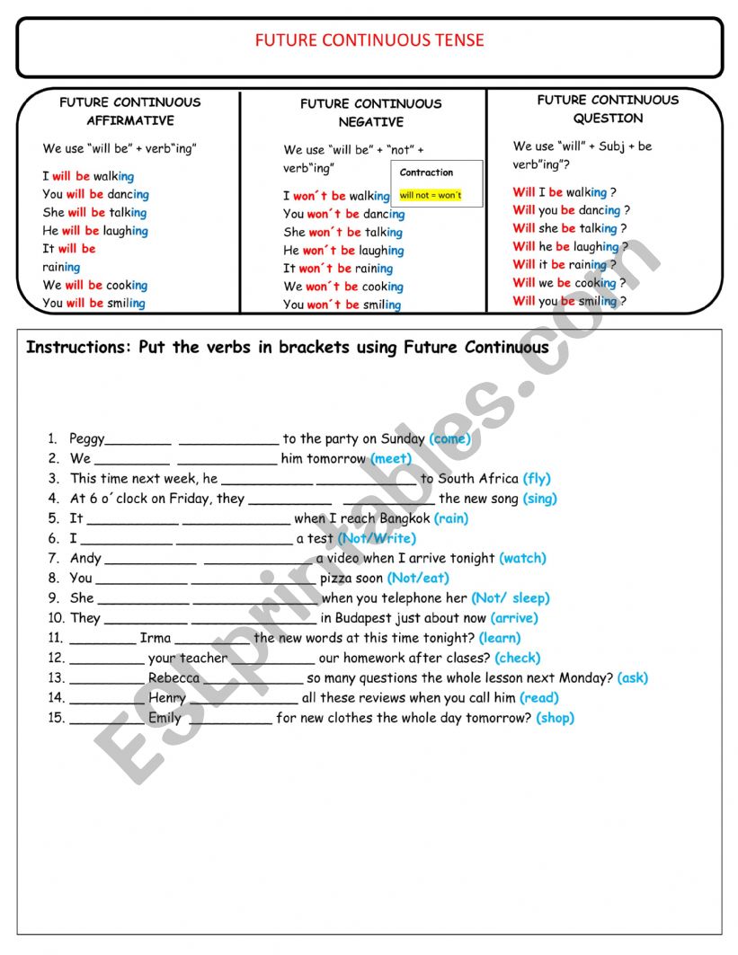 Future Continuous - Affirmative, Negative and Question Form