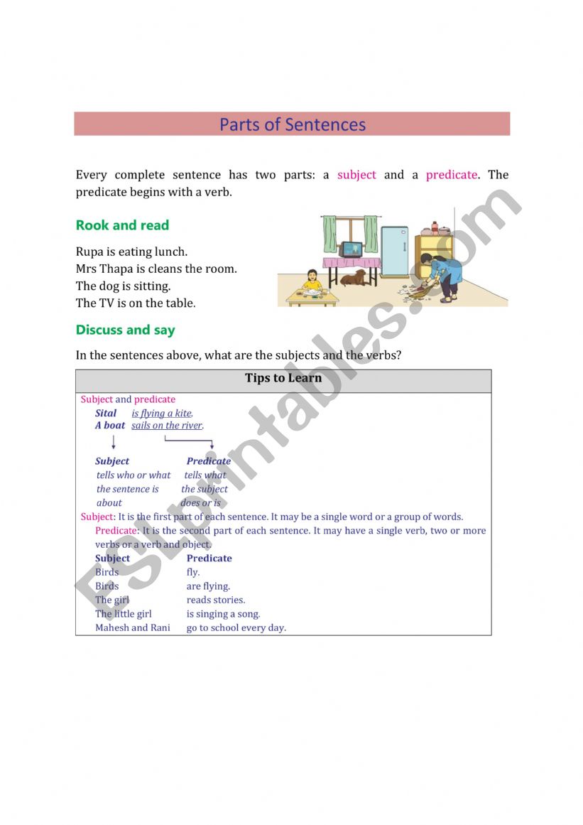 Parts of a sentence worksheet