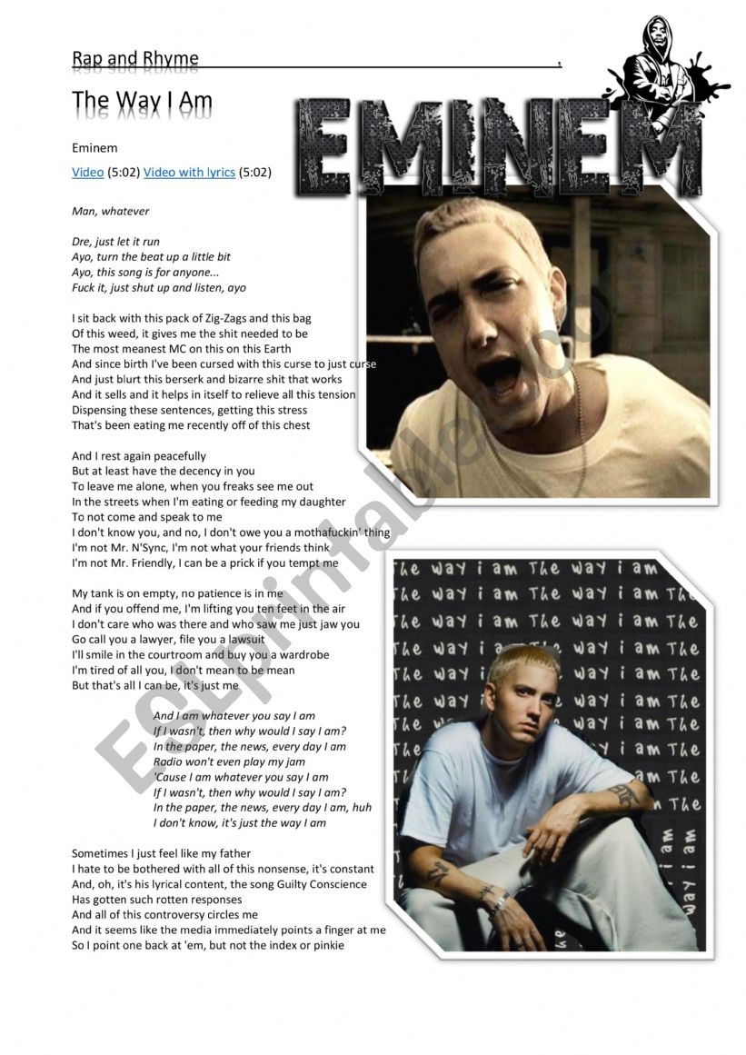 Rap - Eminem - The Way I Am worksheet