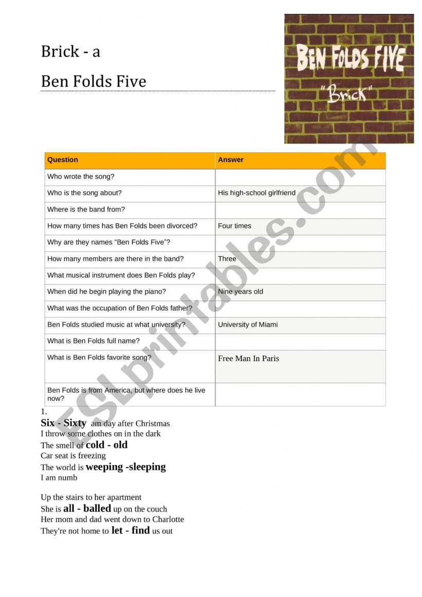 Brick - Ben Folds Five worksheet
