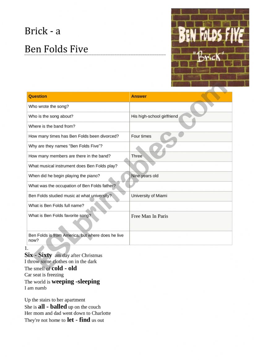 Brick - Ben Folds Five worksheet