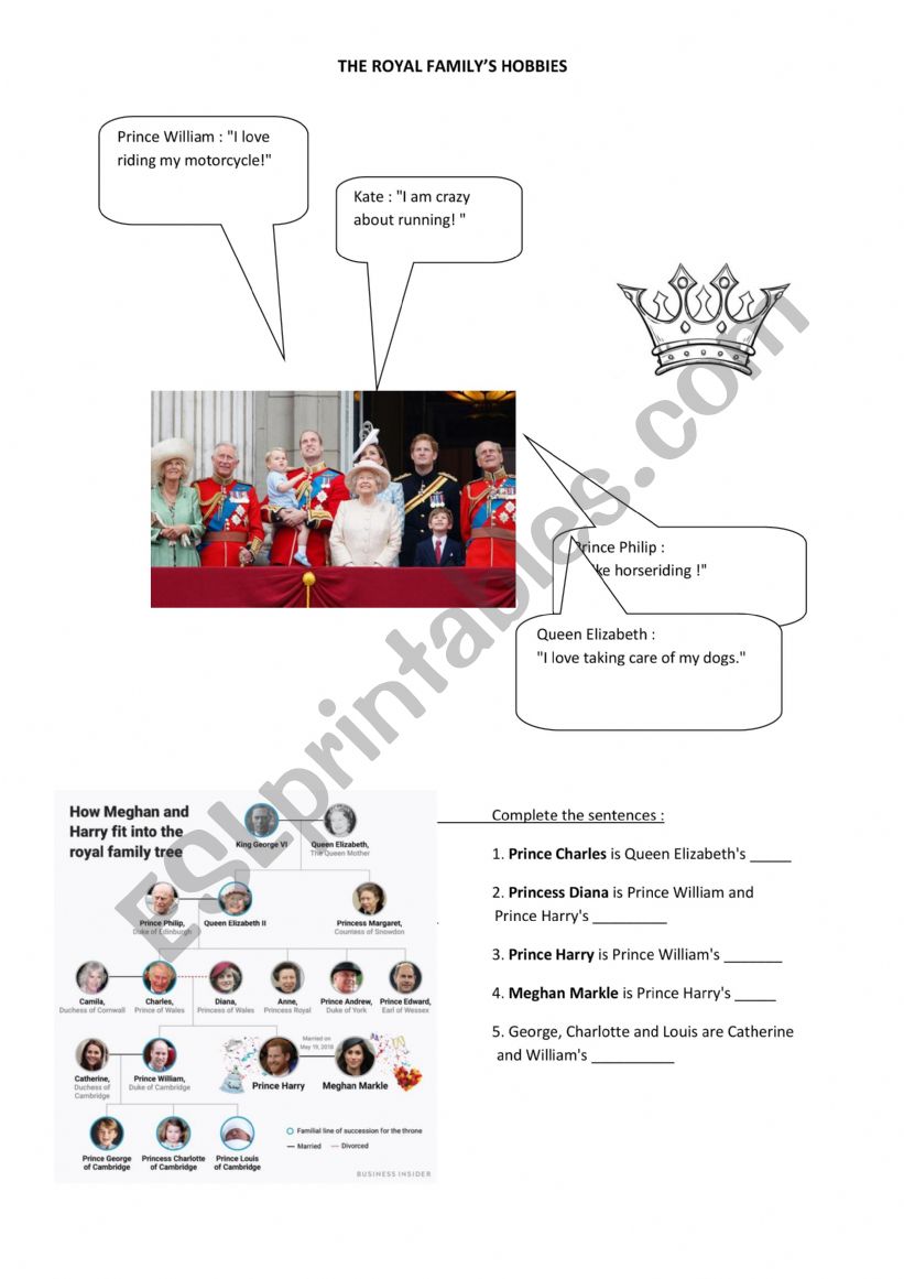 Royal family hobbies worksheet