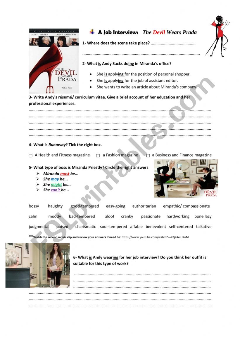 the evil wears prada worksheet