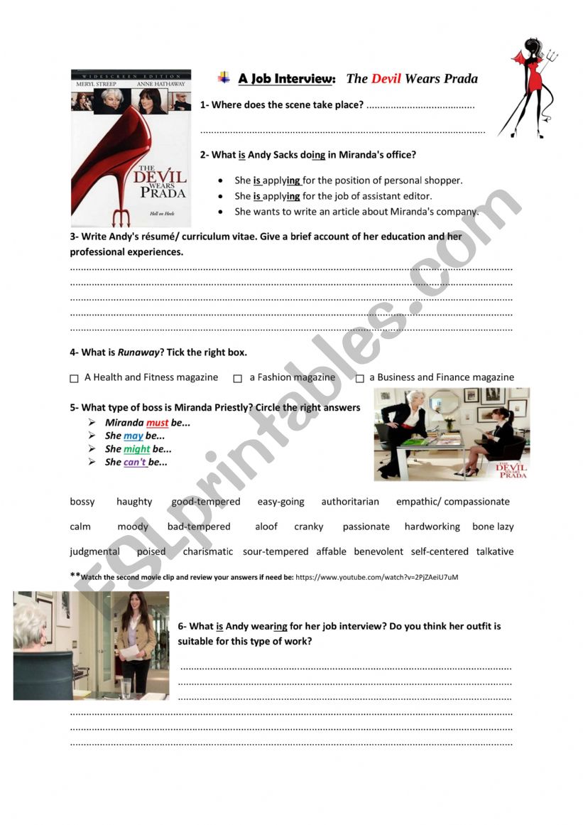 the evil wears prada - ESL worksheet by 