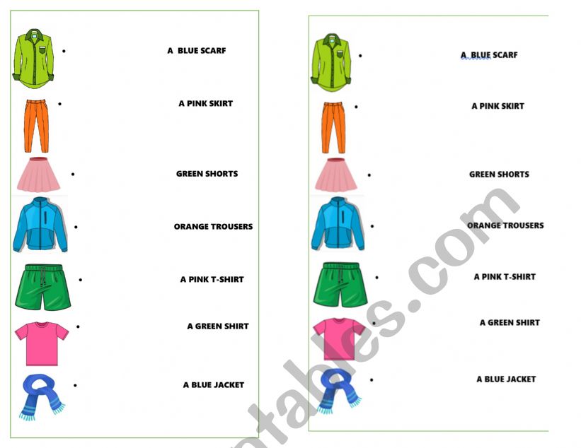 Clothes. Match activity worksheet