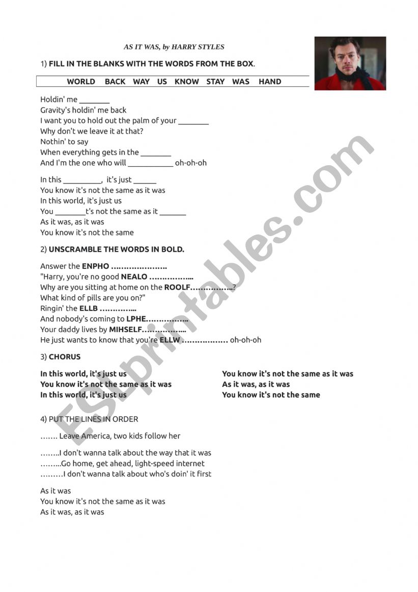 AS IT WAS, BY HARRY STYLES worksheet