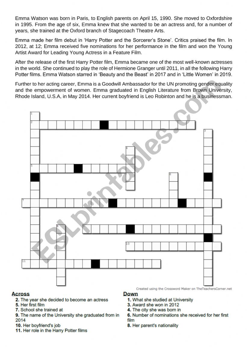 Emma WatsonÃ¯Â¿Â½s biography worksheet