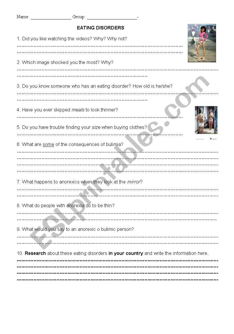 Eating disorders worksheet