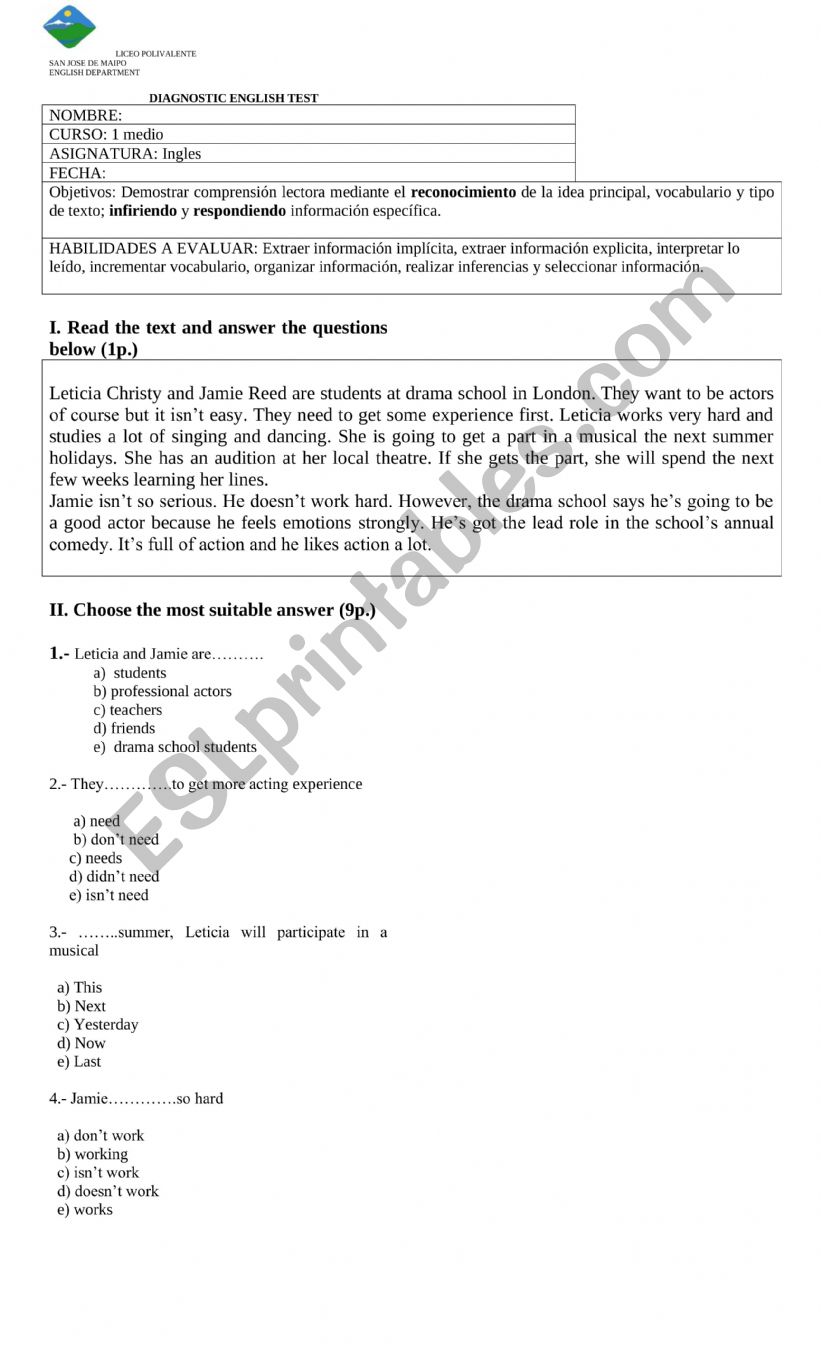 present simple test  worksheet