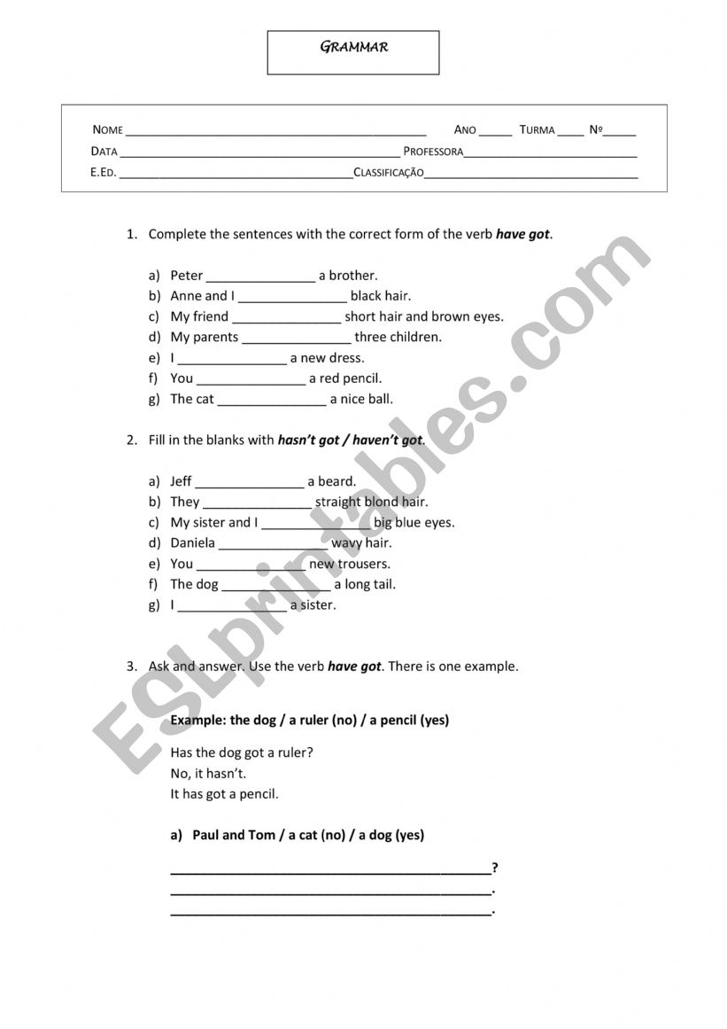 Short test Grammar worksheet