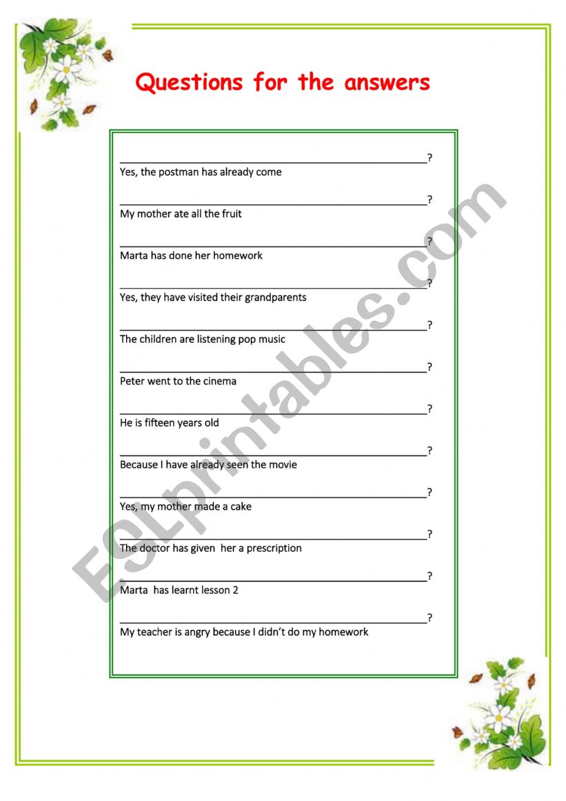 Questions for the answers worksheet
