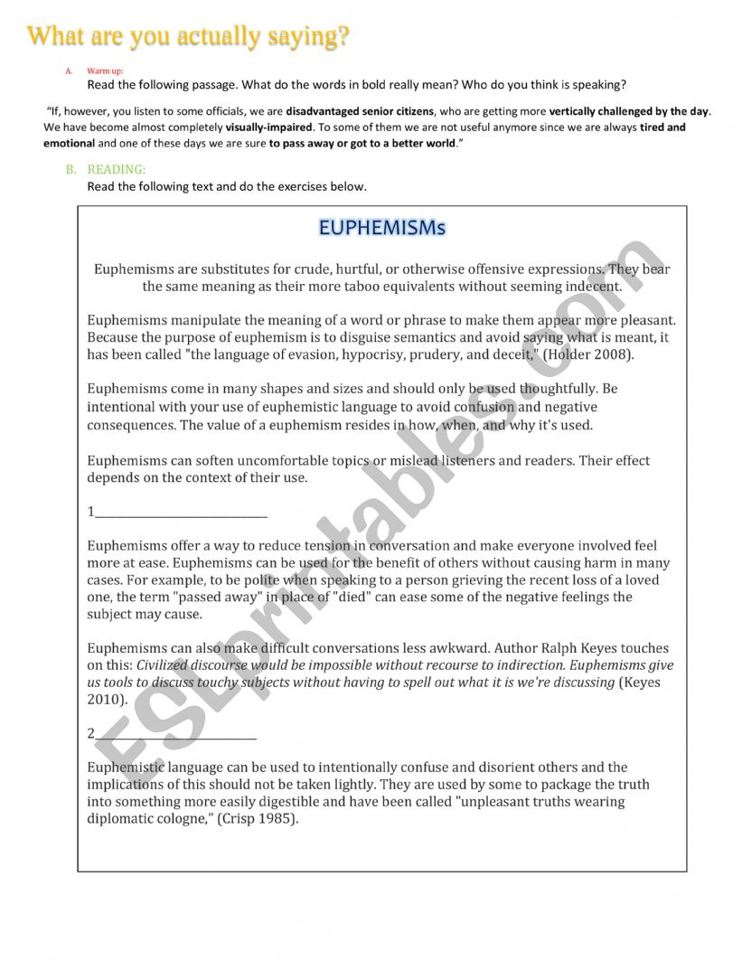 Euphemisms worksheet