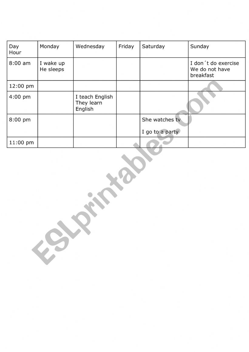 Calendar of routines worksheet