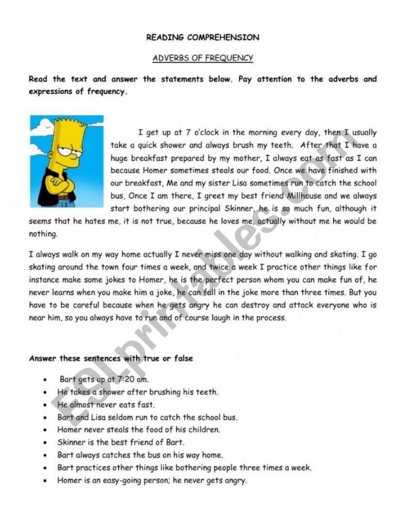 frecuency adverbs reading worksheet