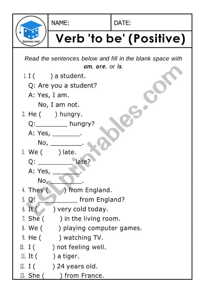 verb to be worksheet