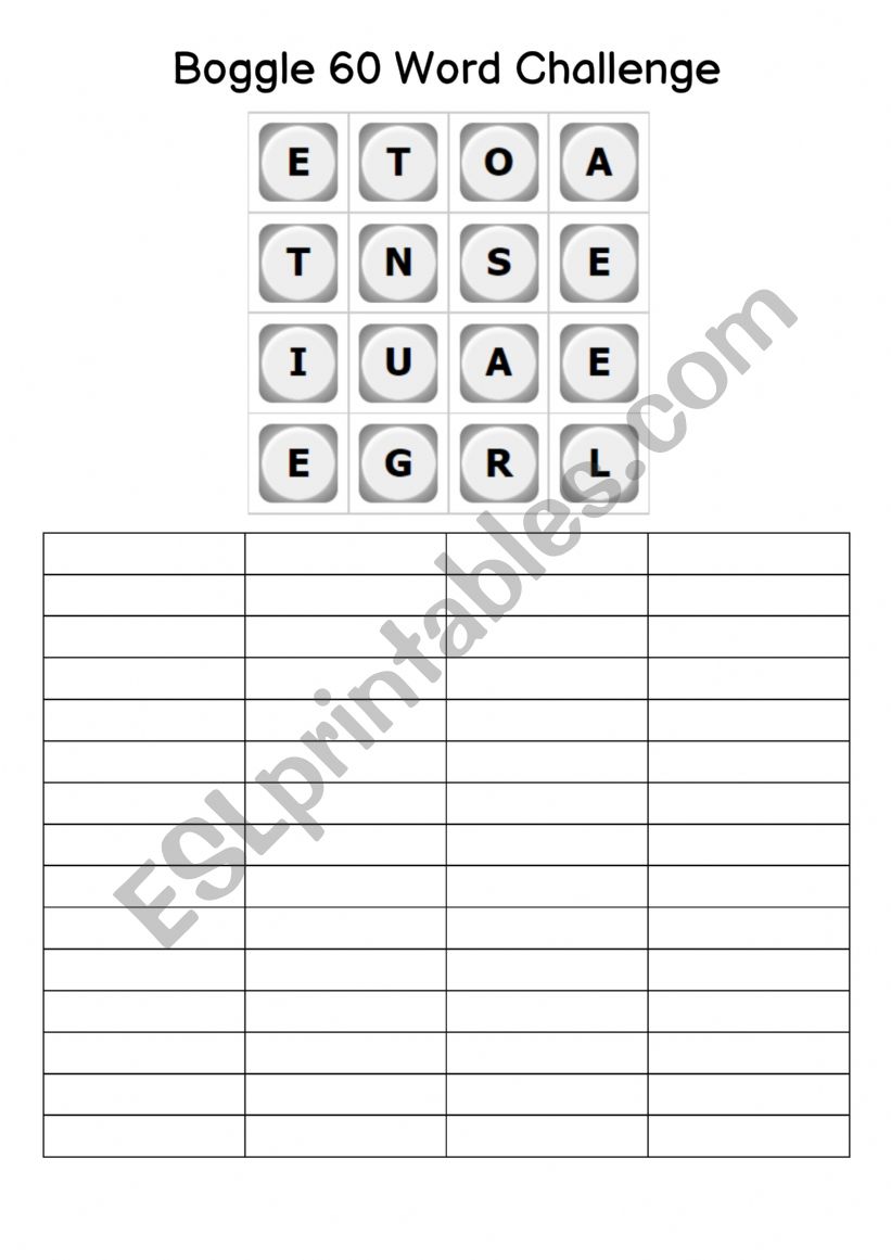 Boggle 60 Word Challenge worksheet