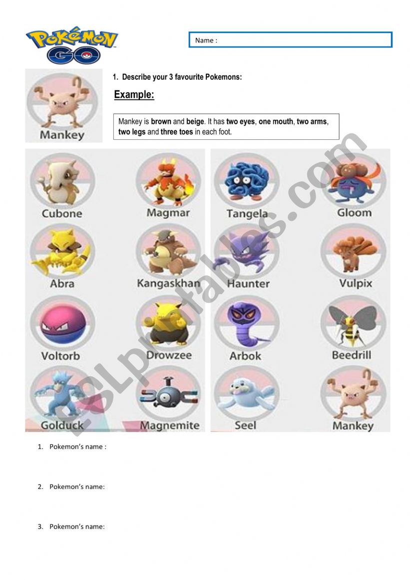 Pokemon descriptive writing worksheet
