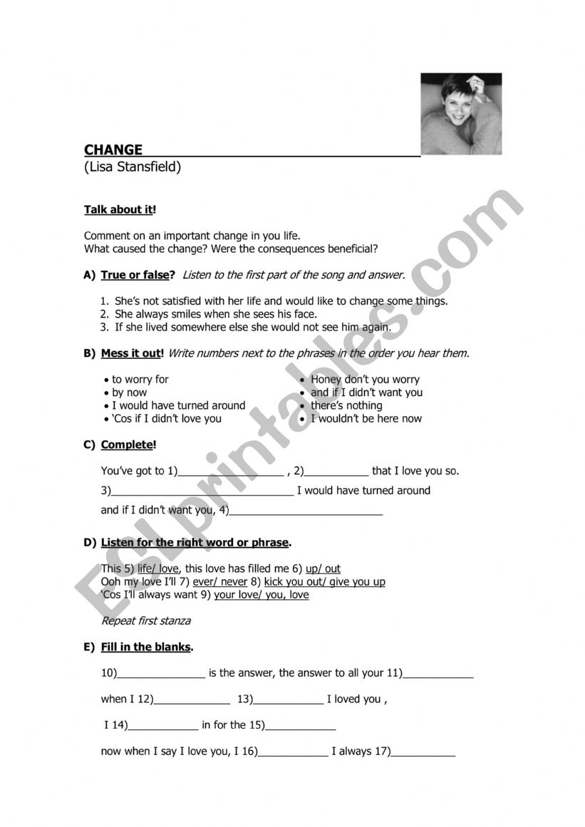 Change (by Lisa Stansfield) worksheet