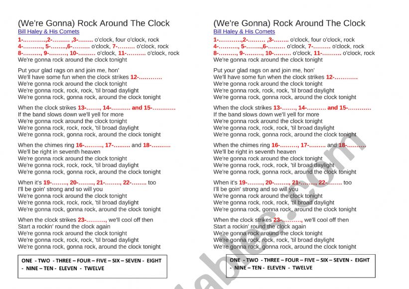Song - Clock oh rock worksheet