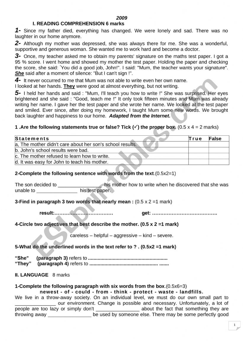 national 9th grade exam worksheet