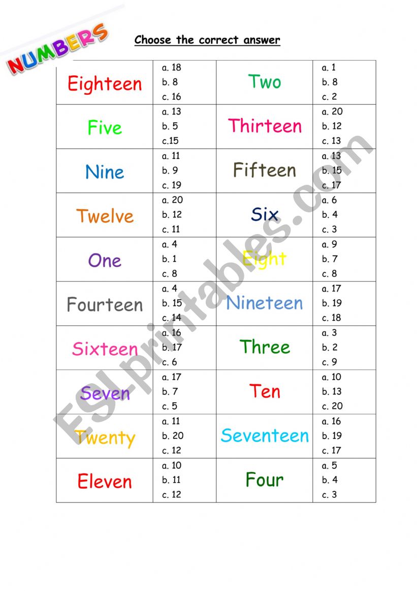 NUMBERS 1-20 worksheet