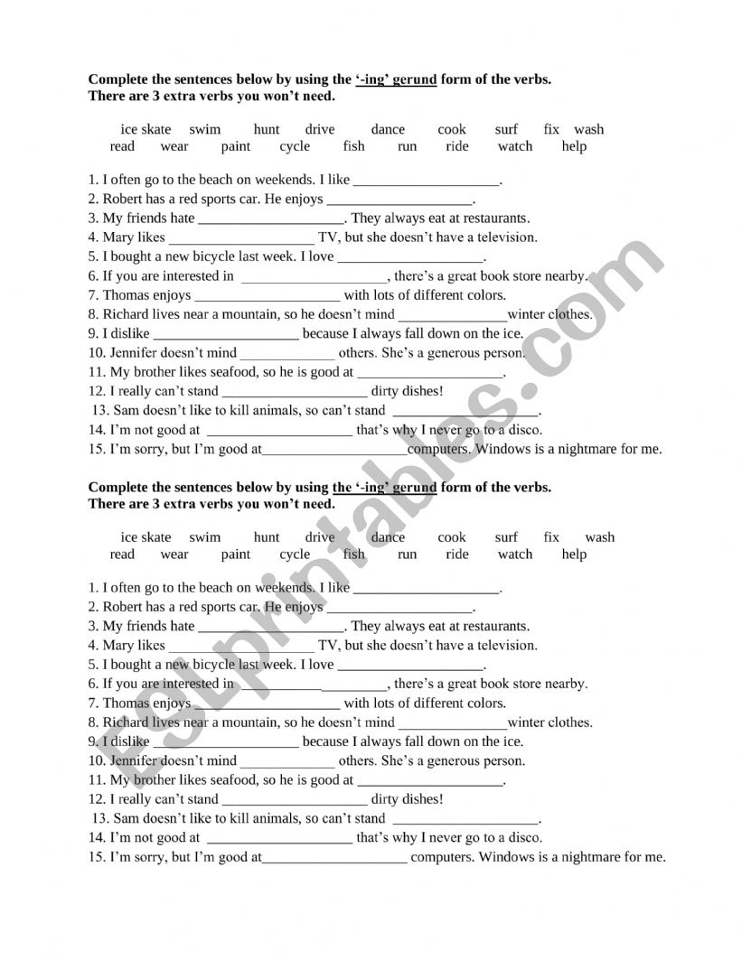 Gerunds as objects worksheet
