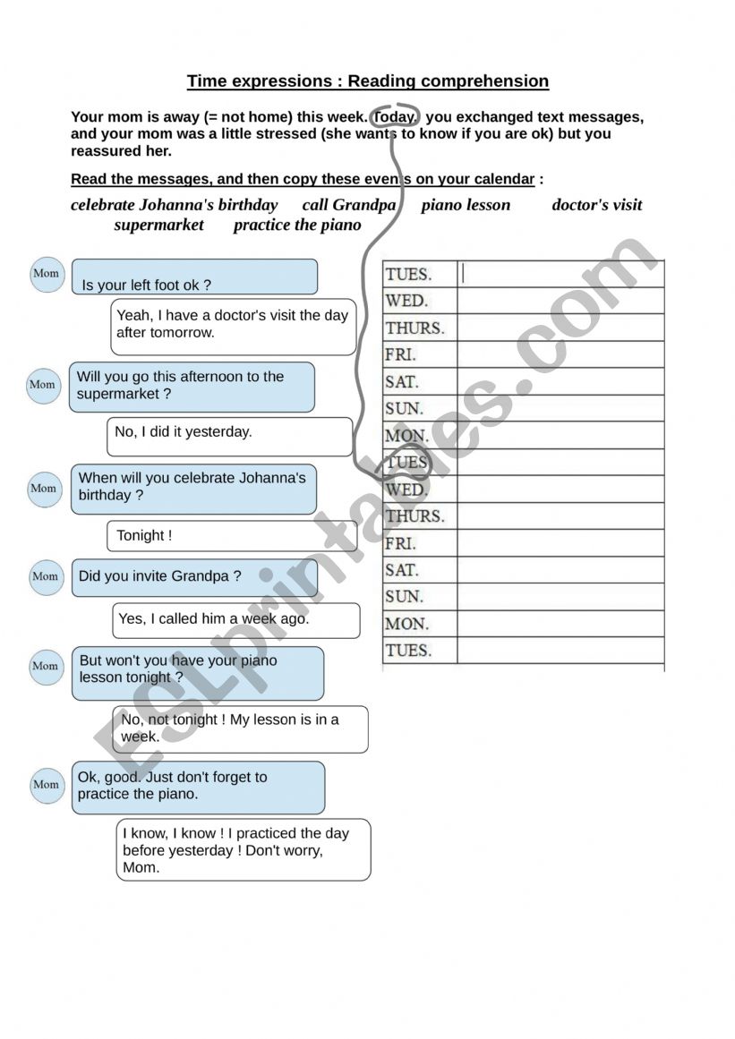 Text messages - reading comprehension