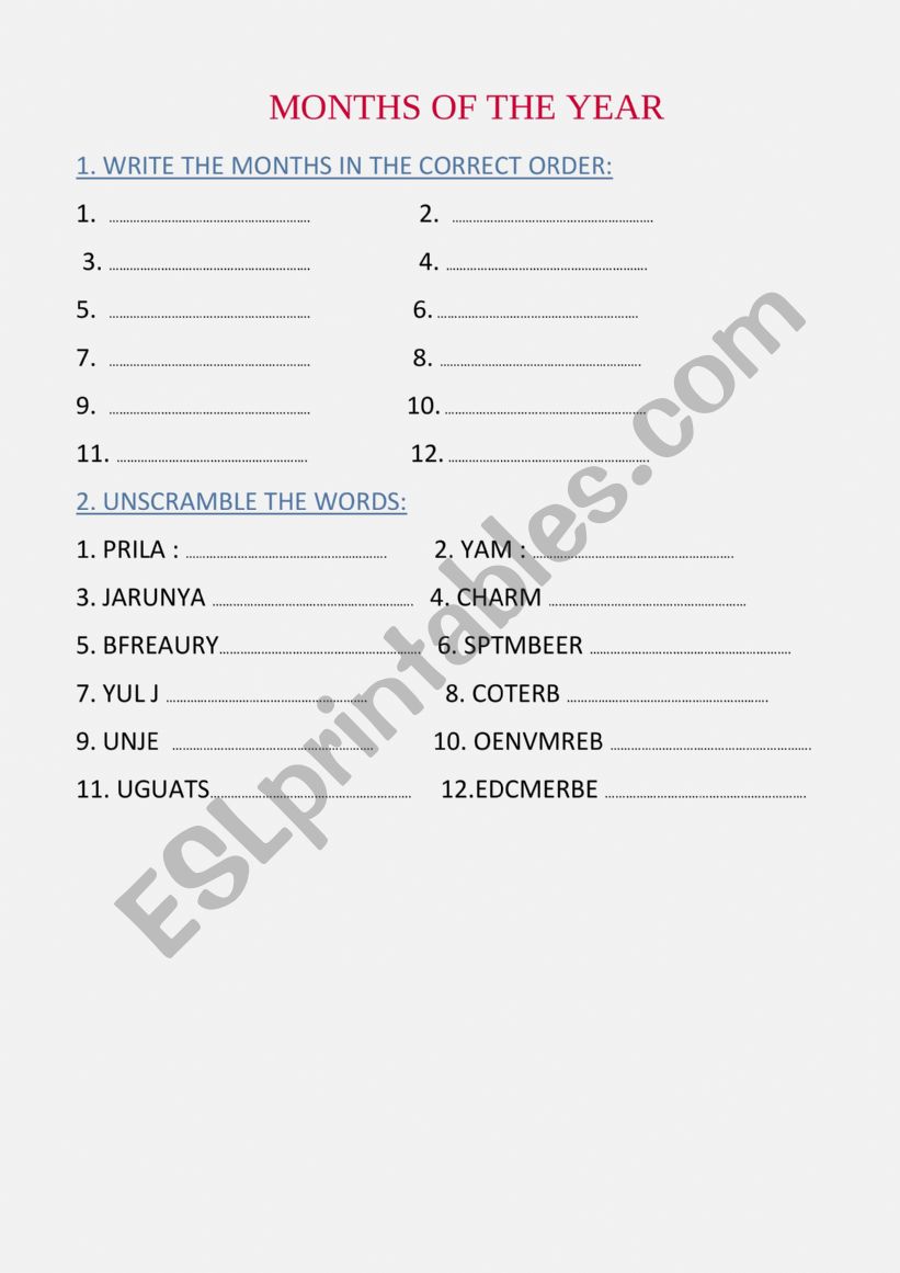 months of the year worksheet