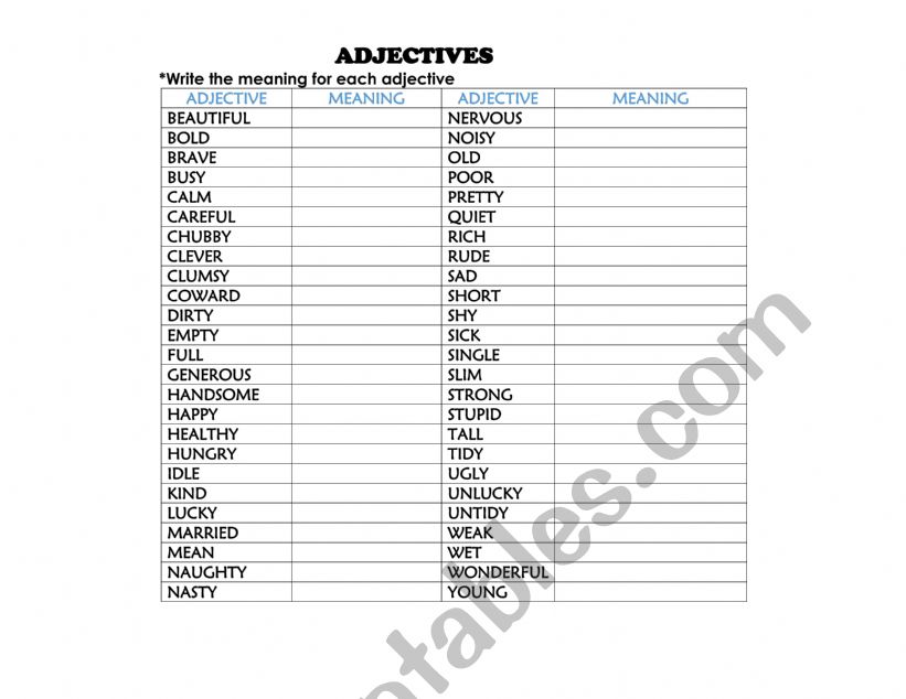 ADJECTIVES LIST worksheet