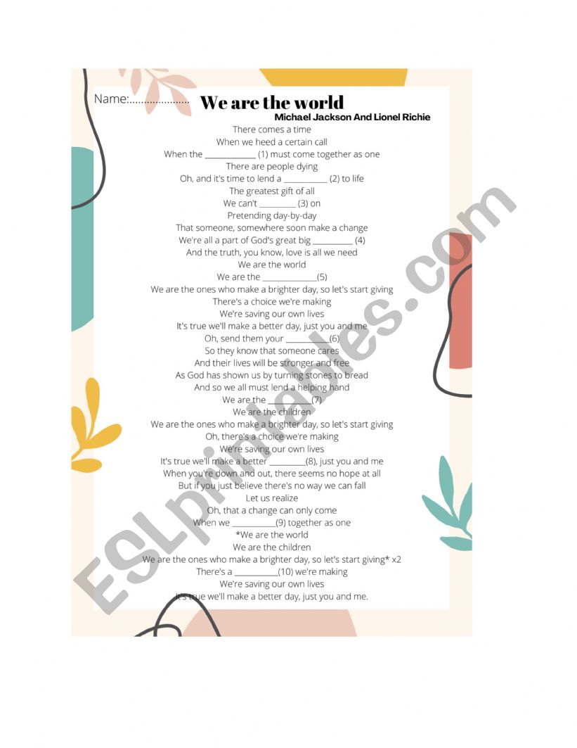 We are the world worksheet